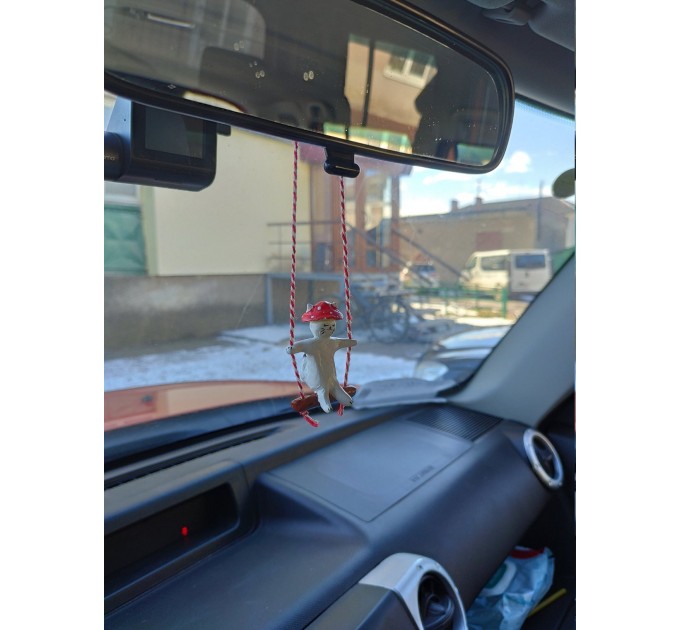 Amanita mushroom swinging cat car mirror hanging