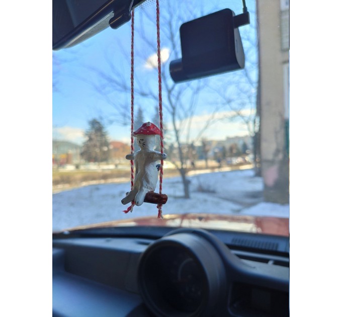 Amanita mushroom swinging cat car mirror hanging