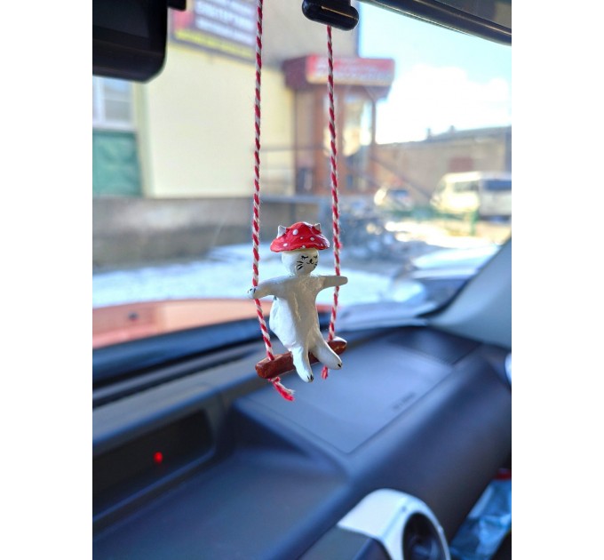 Amanita mushroom swinging cat car mirror hanging