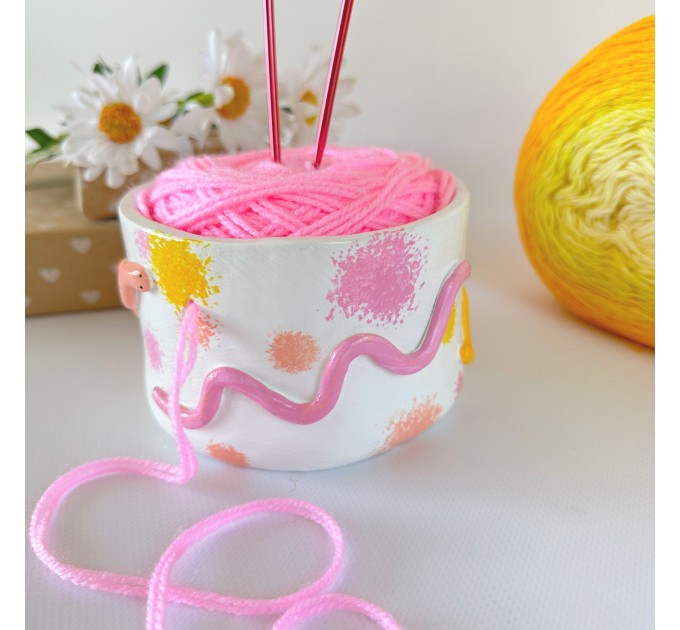 Small white crochet yarn holder bowl with cute worms Knitters crocheters