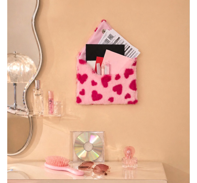 Pink Faux Fur Wall Organizer Envelope with Hearts, Soft Storage Pocket