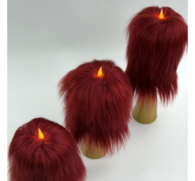 Burgundy Furry LED Pillar Candle — Luxury