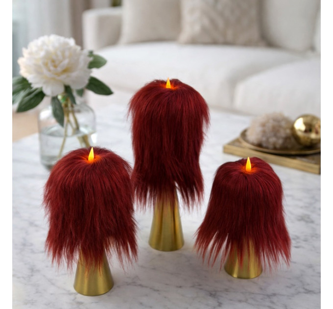 Burgundy Furry LED Pillar Candle — Luxury