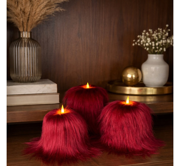 Burgundy Furry LED Pillar Candle — Luxury
