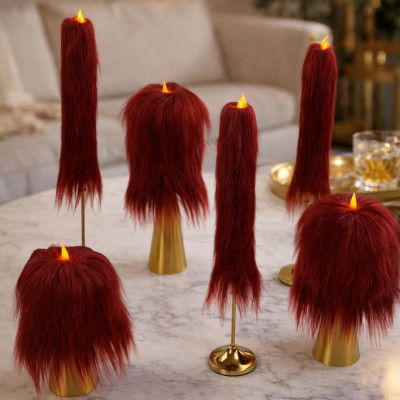 Burgundy Furry LED Taper Candle — Luxury