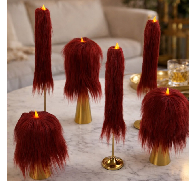 Burgundy Furry LED Taper Candle — Luxury