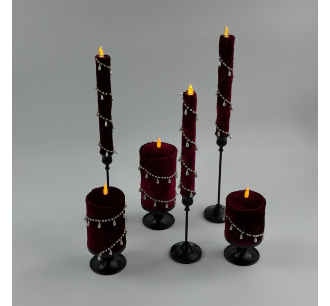 Burgundy Velvet LED Taper Candle for Gothic & Romantic Interiors