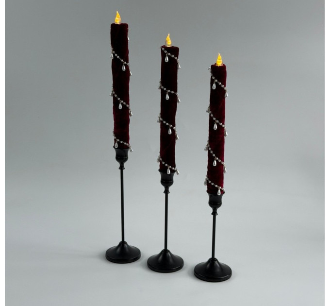 Burgundy Velvet LED Taper Candle for Gothic & Romantic Interiors