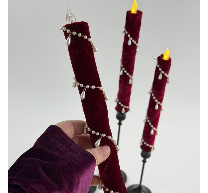 Burgundy Velvet LED Taper Candle for Gothic & Romantic Interiors