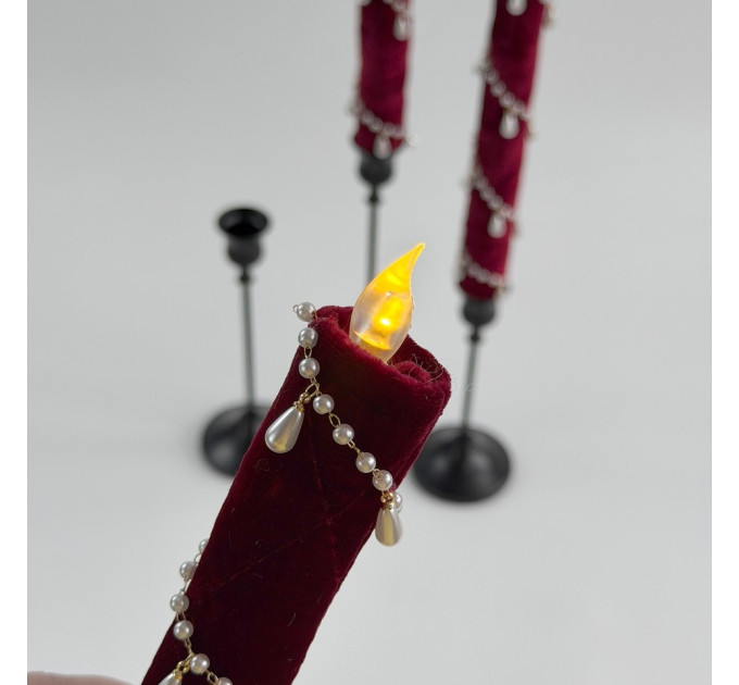 Burgundy Velvet LED Taper Candle for Gothic & Romantic Interiors