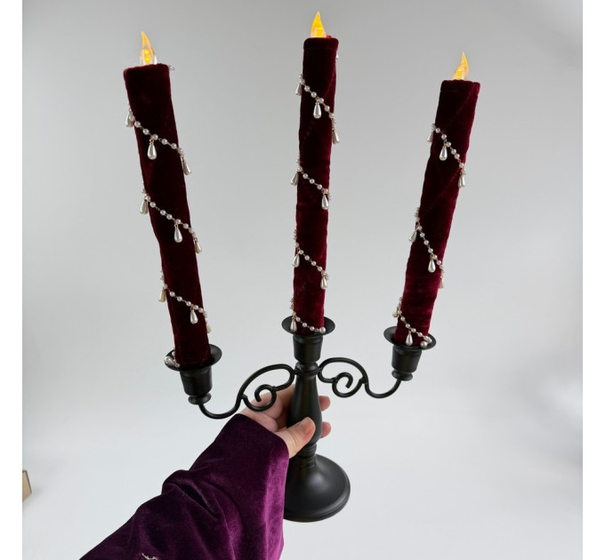 Burgundy Velvet LED Taper Candle for Gothic & Romantic Interiors