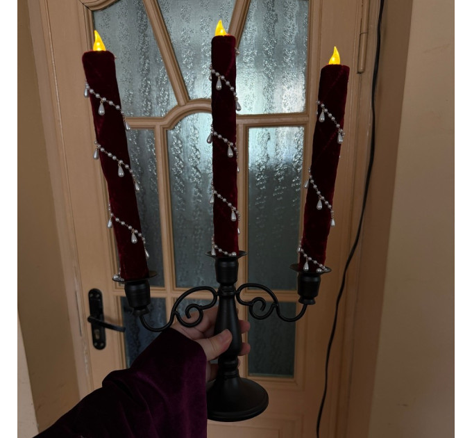 Burgundy Velvet LED Taper Candle for Gothic & Romantic Interiors