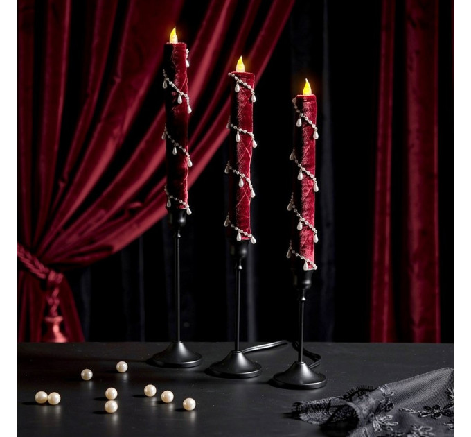 Burgundy Velvet LED Taper Candle for Gothic & Romantic Interiors