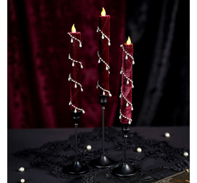 Burgundy Velvet LED Taper Candle for Gothic & Romantic Interiors