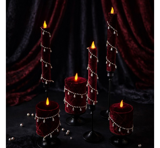 Burgundy Velvet LED Taper Candle for Gothic & Romantic Interiors