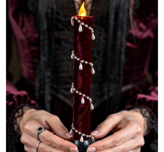 Burgundy Velvet LED Taper Candle for Gothic & Romantic Interiors