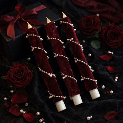 Burgundy Velvet LED Taper Candle – Gothic Romantic Decor