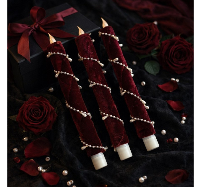 Burgundy Velvet LED Taper Candle for Gothic & Romantic Interiors