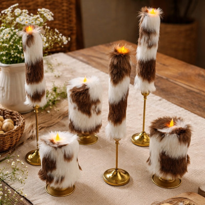 Cow Fluffy Faux Fur Taper LED Candle