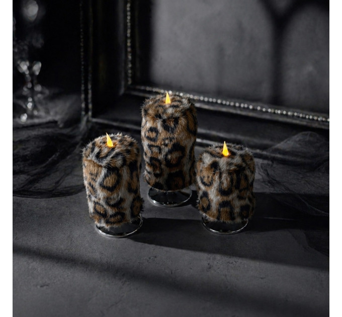 Leopard Faux Fur Pillar LED Candle — Dark
