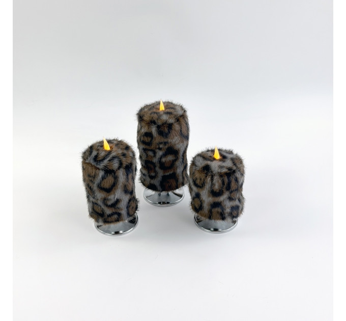 Leopard Faux Fur Pillar LED Candle — Dark