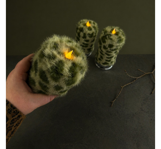 Leopard Faux Fur Pillar LED Candle — Green