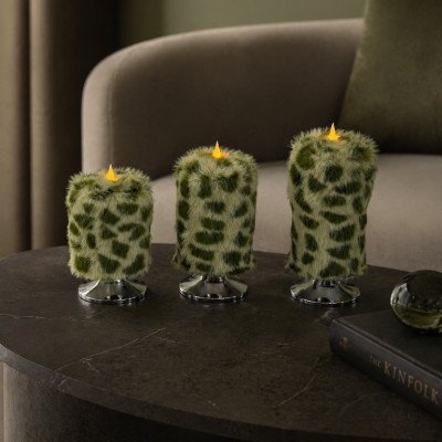 Leopard Faux Fur Pillar LED Candle — Green