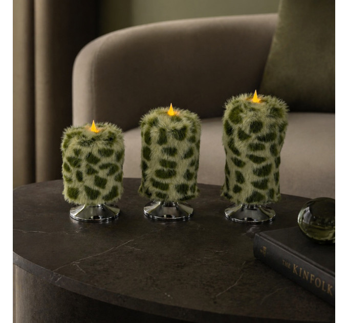 Leopard Faux Fur Pillar LED Candle — Green