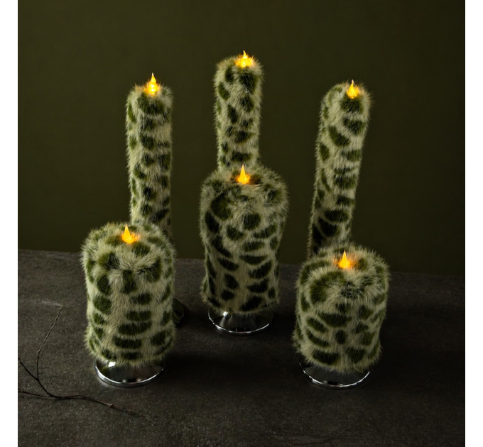 Leopard Faux Fur Pillar LED Candle — Green