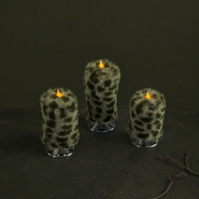 Leopard Faux Fur Pillar LED Candle — Green