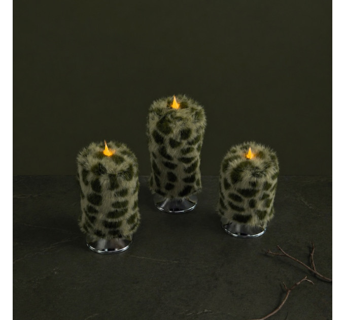 Leopard Faux Fur Pillar LED Candle — Green