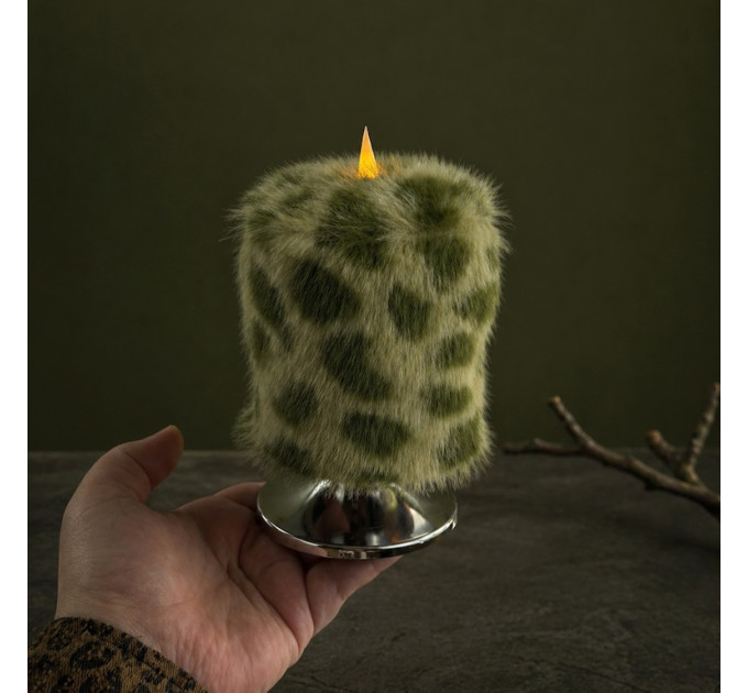 Leopard Faux Fur Pillar LED Candle — Green