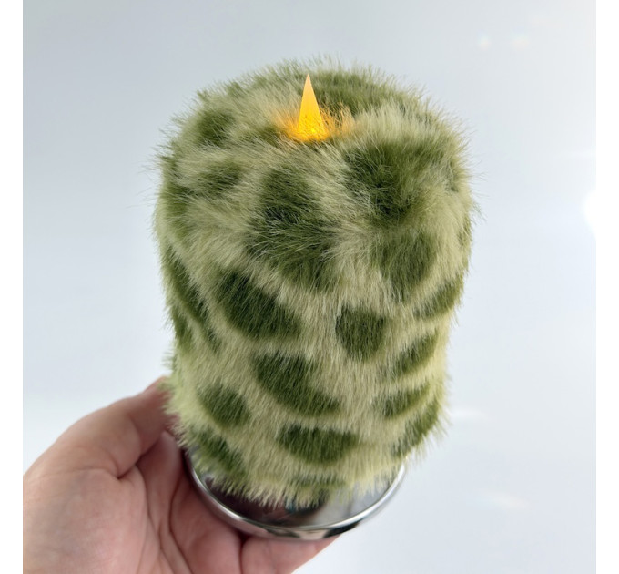 Leopard Faux Fur Pillar LED Candle — Green