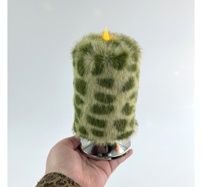 Leopard Faux Fur Pillar LED Candle — Green