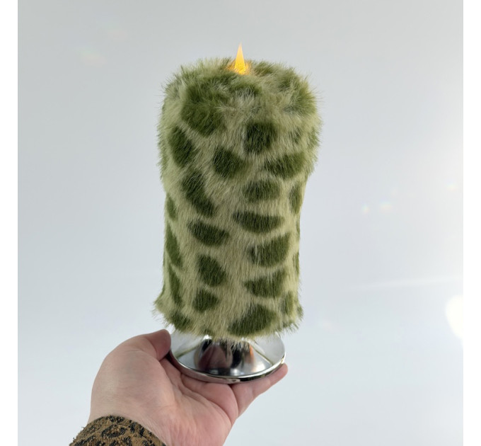 Leopard Faux Fur Pillar LED Candle — Green