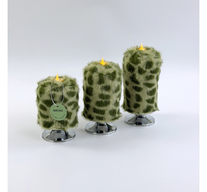 Leopard Faux Fur Pillar LED Candle — Green