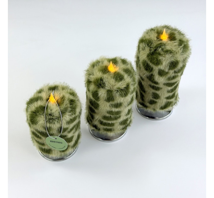 Leopard Faux Fur Pillar LED Candle — Green