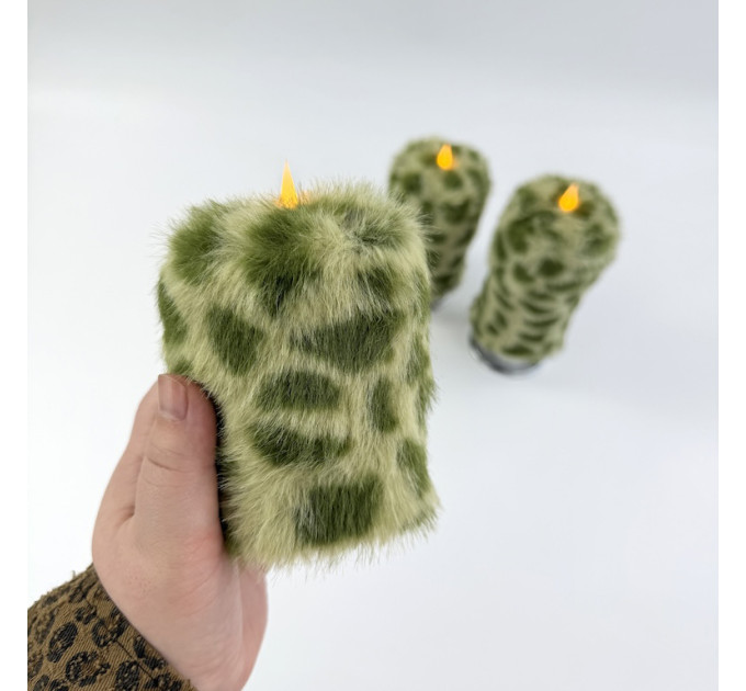 Leopard Faux Fur Pillar LED Candle — Green