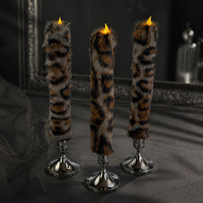 Leopard Faux Fur Taper LED Candle — Dark