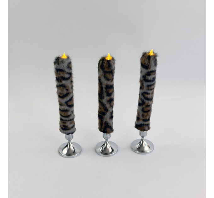 Leopard Faux Fur Taper LED Candle — Dark