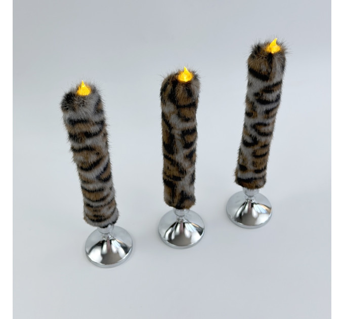 Leopard Faux Fur Taper LED Candle — Dark