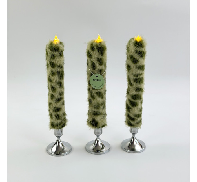 Leopard Faux Fur Taper LED Candle — Green 