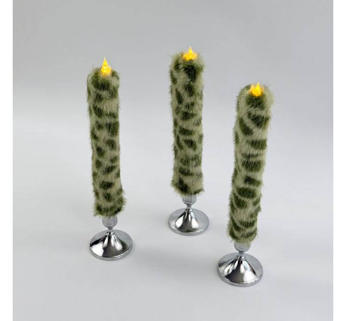 Leopard Faux Fur Taper LED Candle — Green 