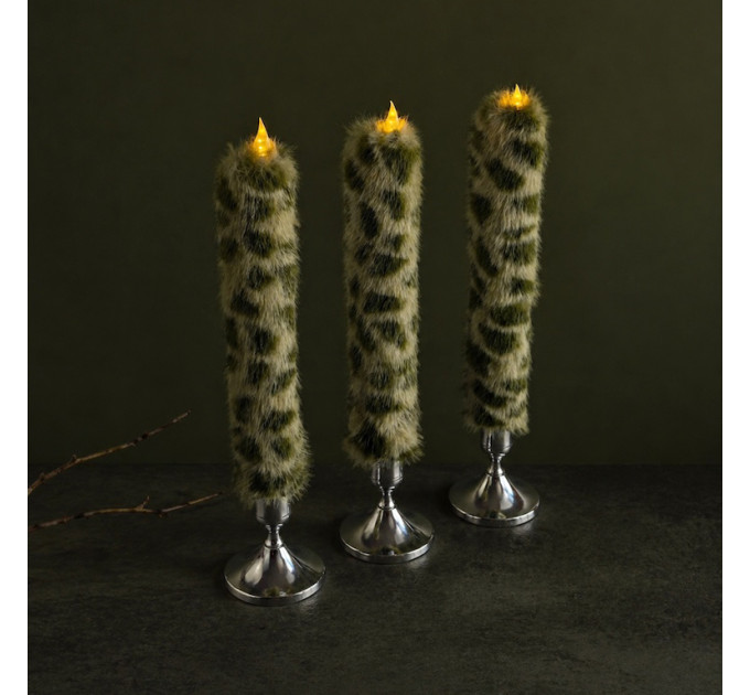 Leopard Faux Fur Taper LED Candle — Green 
