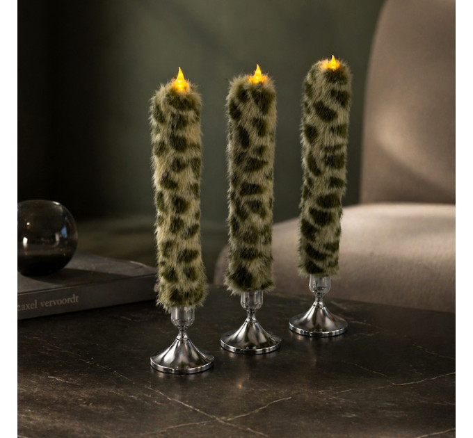 Leopard Faux Fur Taper LED Candle — Green 
