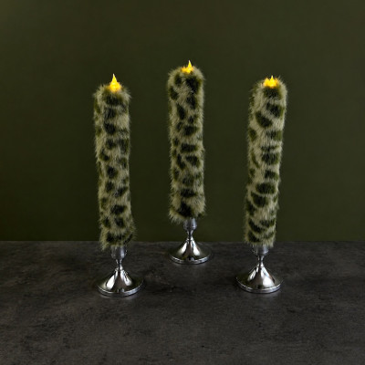 Leopard Faux Fur Taper LED Candle — Green 