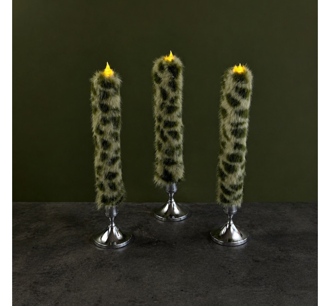 Leopard Faux Fur Taper LED Candle — Green 