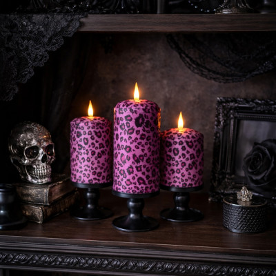 Pink Leopard Textile Pillar LED Candle