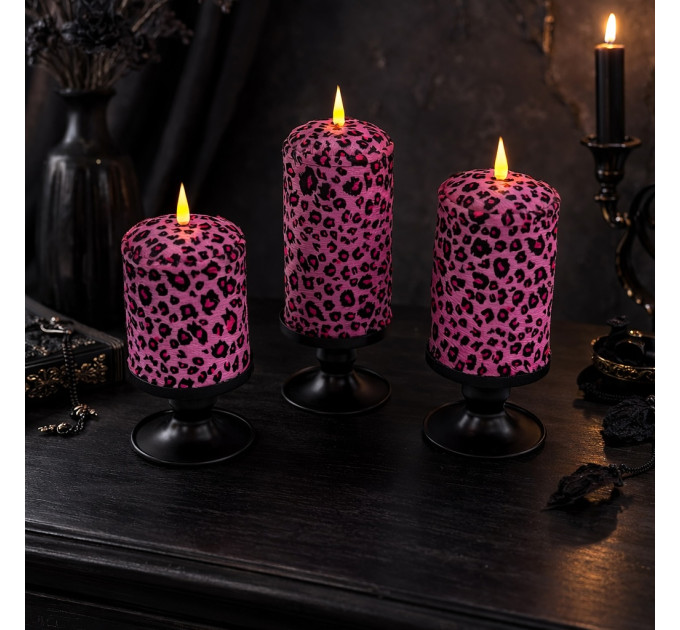 Pink Leopard Textile Pillar LED Candle