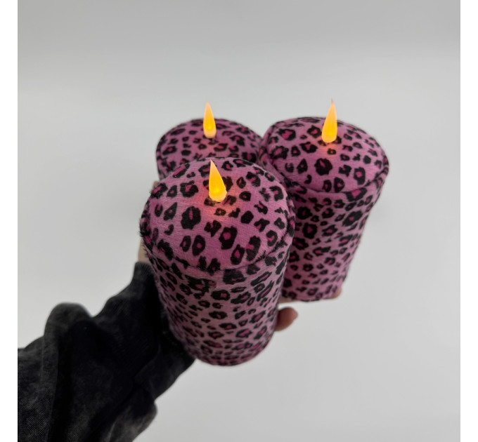Pink Leopard Textile Pillar LED Candle